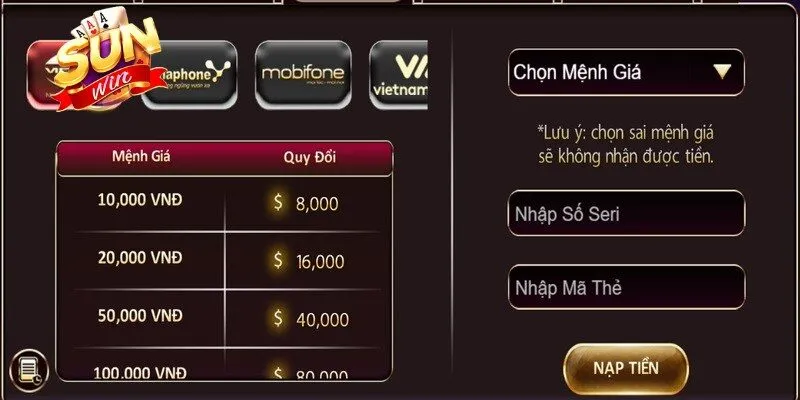 Nạp Tiền Sunwin - Quy Trình Chuẩn Xác, Thanh Toán Siêu Tốc 3 Sunwin Nạp tiền vào ví Sunwin miễn phí bằng các loại thẻ cào an toàn